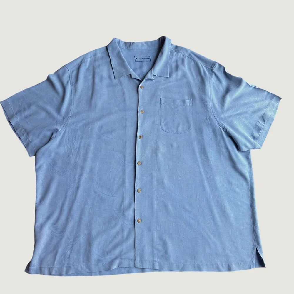 Tommy Bahama 109% Silk Camp Shirt Mens 4XB Blue Jacquard Leaf Short Sleeve - Picture 1 of 15